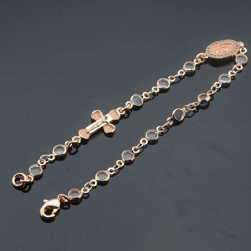 2 Color Women 585 Rose Gold Color White Colorfuly Stone With Cross Oval Wristband Bracelet Link Chains