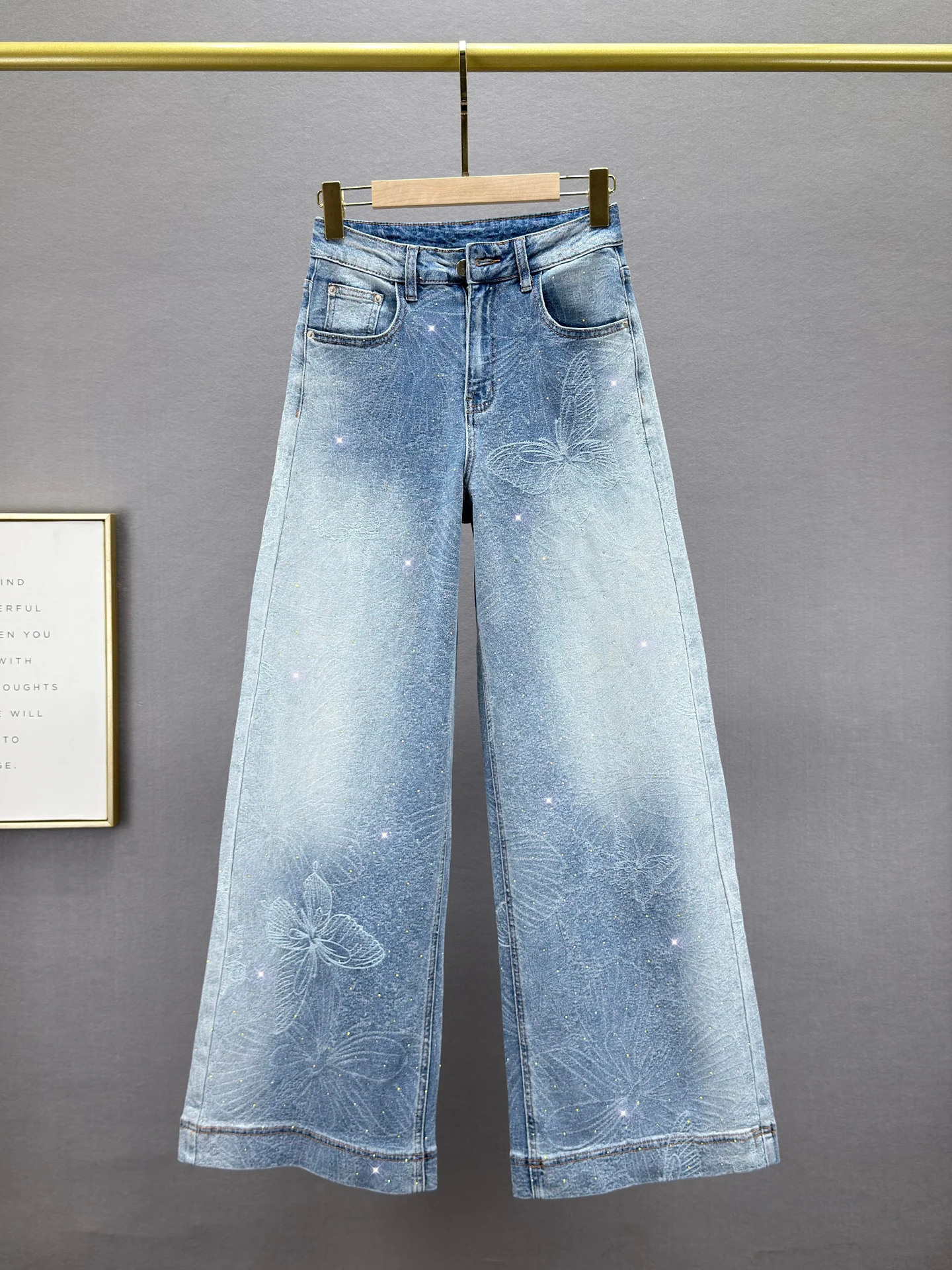 

Retro High Waist Loose Fit Denim Jeans Women's Spring New Sle Faded Embroidery Wide Leg Pants Diamond Stam Cotton Stretch