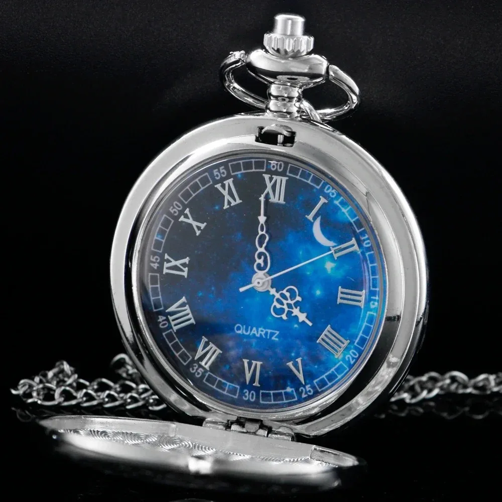 Steampunk Pocket Watch Hollow Blue Starry Design Roman Numerals Vintage Quartz Pocket Watches for Men with Chain Jewelry Gift