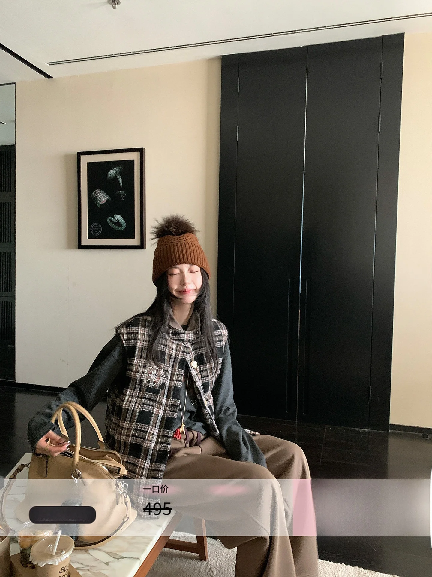 

Jenni Yang Woolen Plaid Du down Vest Vintage Soft Woolen Cheered Color Blo Sle Women's Jaet Warm Thiened Svel
