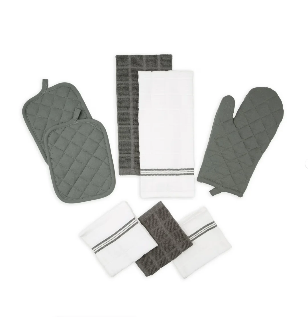 

8-Piece Cotton Kitchen Towel, Dishcloth, Oven Mitt, and Pot Holder Set, Gray