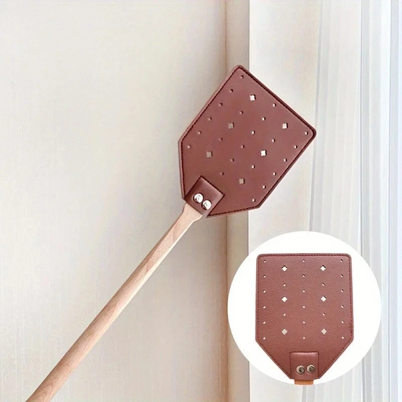 1pc Heavy Duty Leather Fly Swatter Brown Leather with Beech Wood Long Handle for Indoor and Outdoor