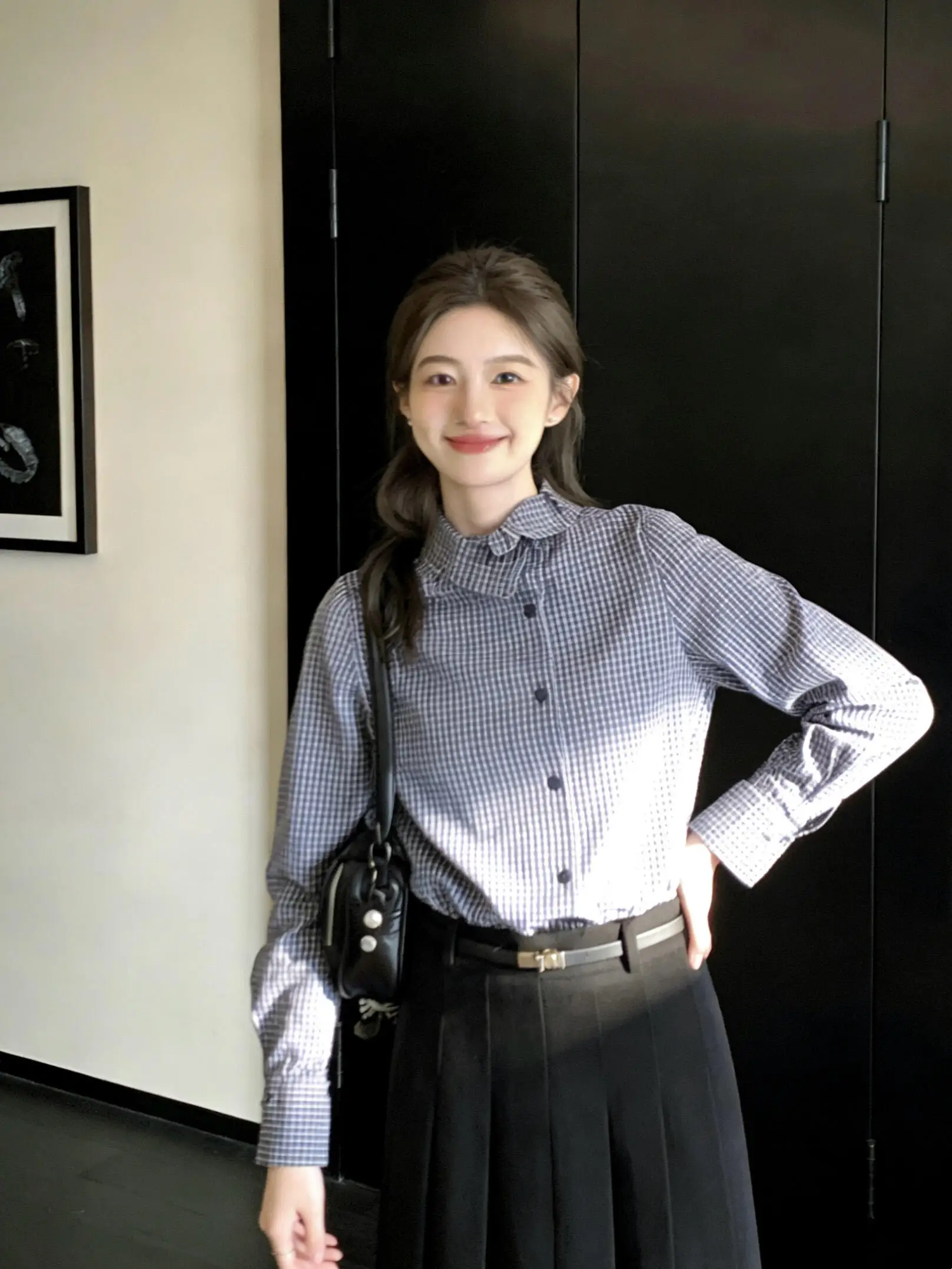 

Korean Sle Floral Lace Collar Long Sve Plaid irt Women's Spring Faion Slimming High-End Feelings Ele irt