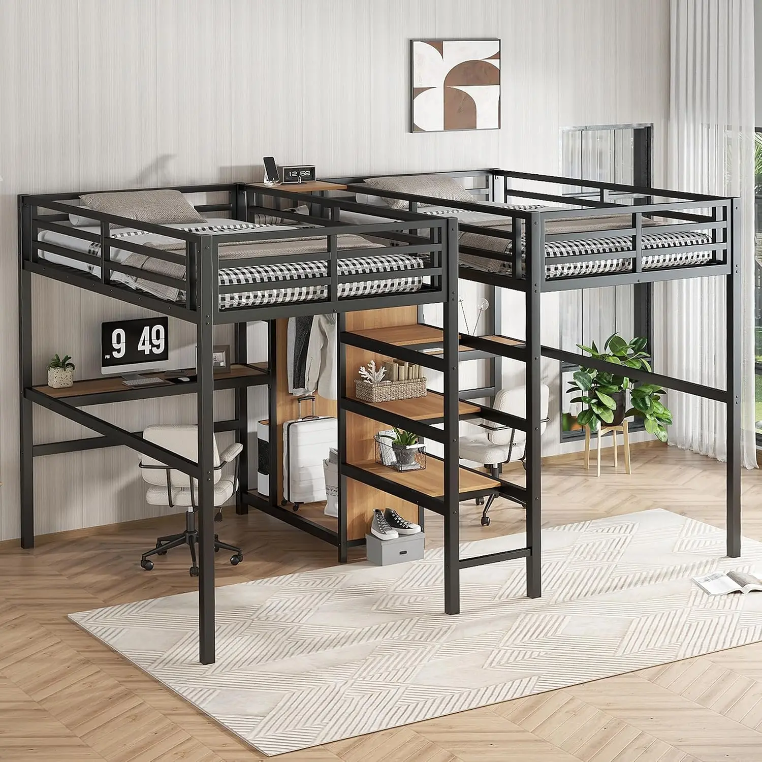 Double Loft Bed with 2 Built-in Desks, Twin Over Twin Metal Loft Bed with Charging Station, Wardrobe & Storage, Customized