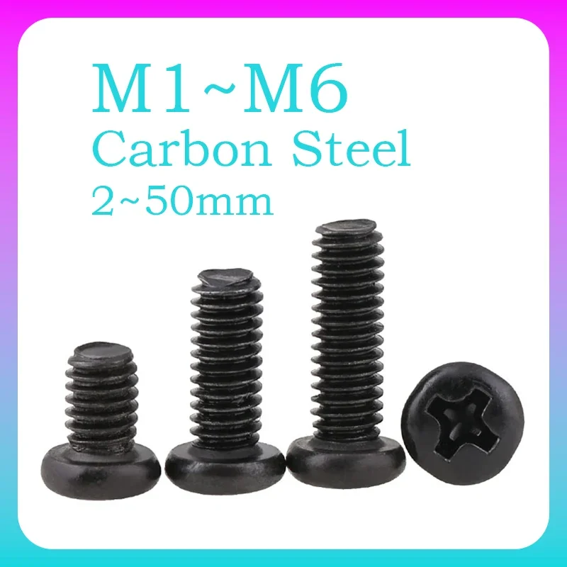 10~300 Pcs Black Cross Round Head Bolt M1 M1.2 M1.4 M1.6 M1.7 M2 M2.5 M3 M3.5 M4 M5 M6 Round Head Phillips Screw Carbon Steel