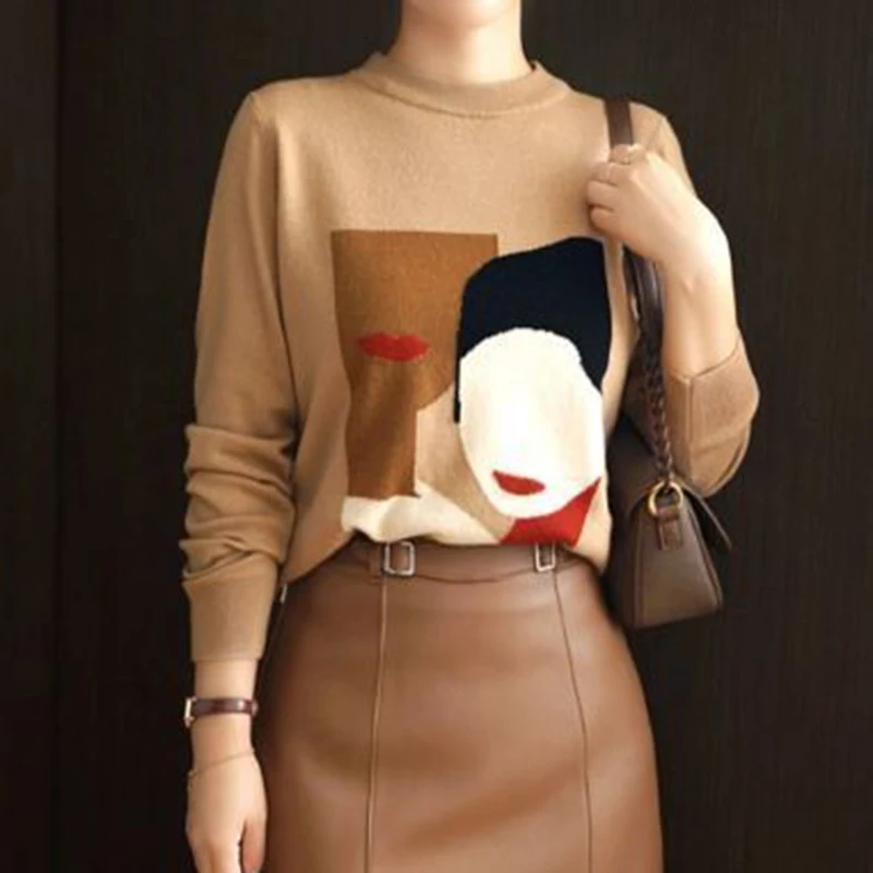 Half high necked sweater for women's autumn/winter 2023 new fashionable knitted base sweater with printed pullover top