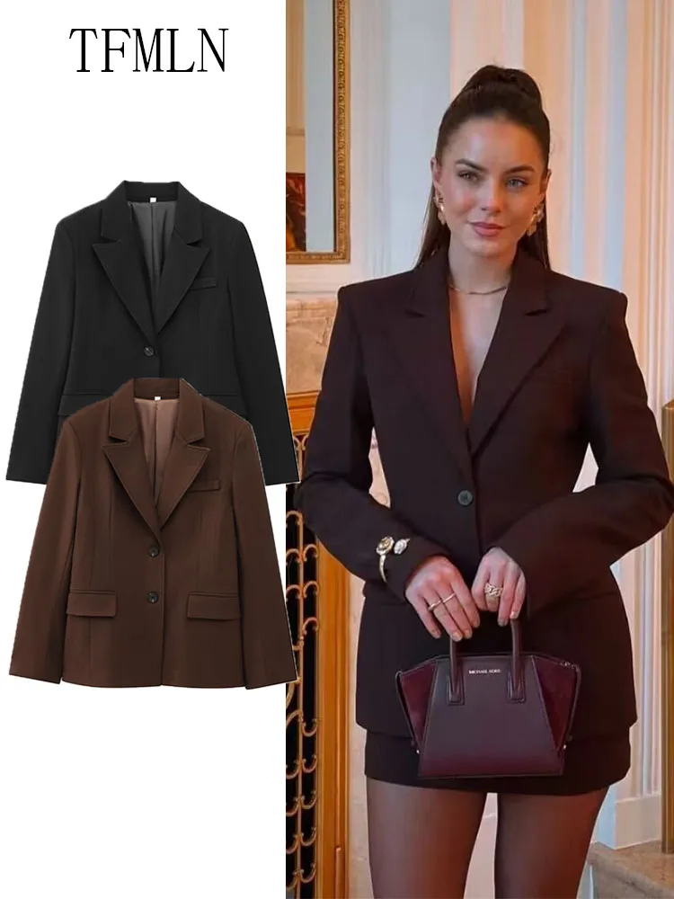 

Office Lady Solid Blazer Jackets 2025 Autumn Simple Notched Single Breasted Causal Coats Vintage Pockets Street Chic Outwear