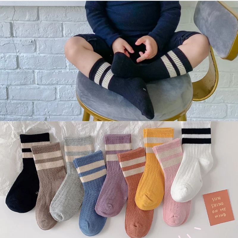 1 Pair Calf Sock for Children Boy Girl Socks Spring Autumn Cotton Socks Solid Color Striped Calf Sock for 3-11 Years Baby Stuff