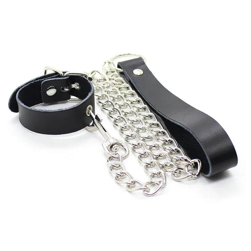 Leather Penis Ring Fetish Bondage Metal Chain Scrotal Cuff Traction Rope BDSM Training Penis Exercise Adult Male Sexual Products