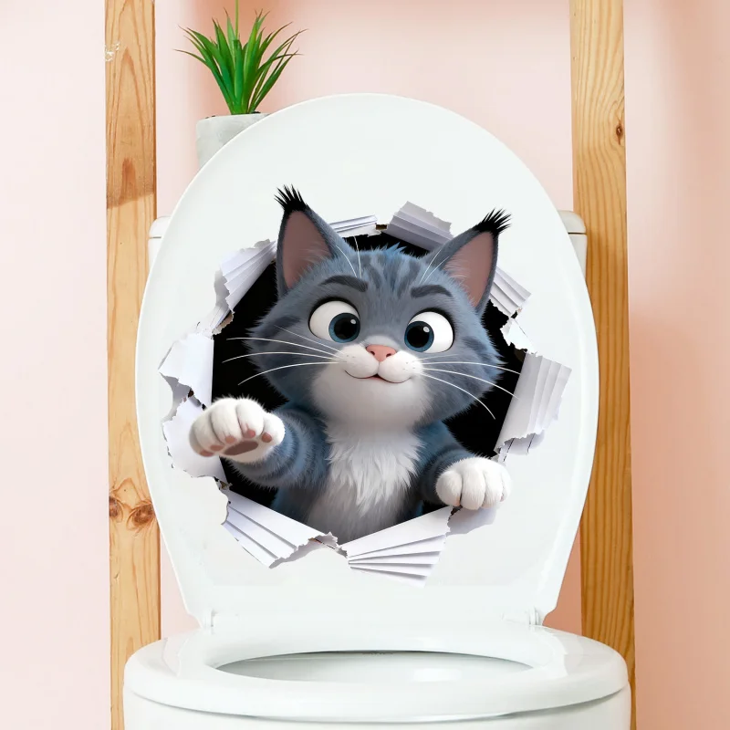 

Cartoon Cute Wall-breaking Kitten Toilet Sticker, Bedroom Living Room Background Beautification Wall Decal