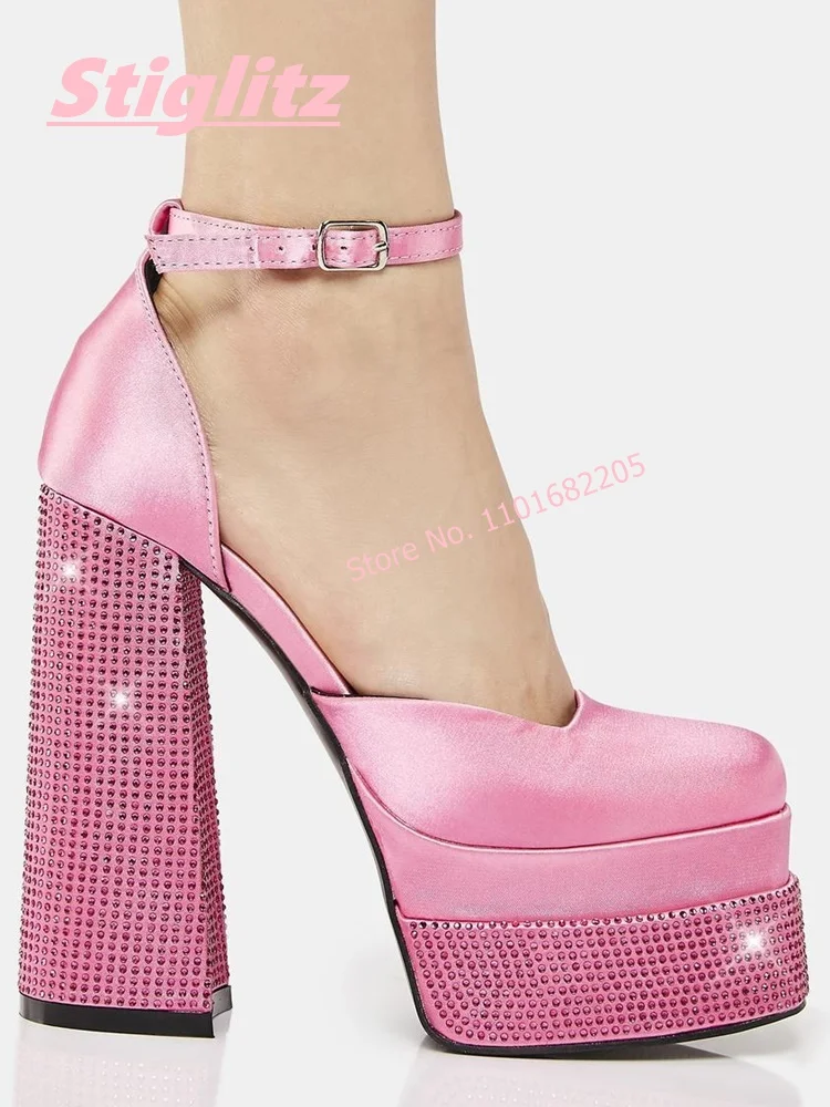 Pink Sweet Rhinestone High Heels 2024 Luxury Design Solid Leather Buckle Platform Elegant Party Women Pumps For footwear