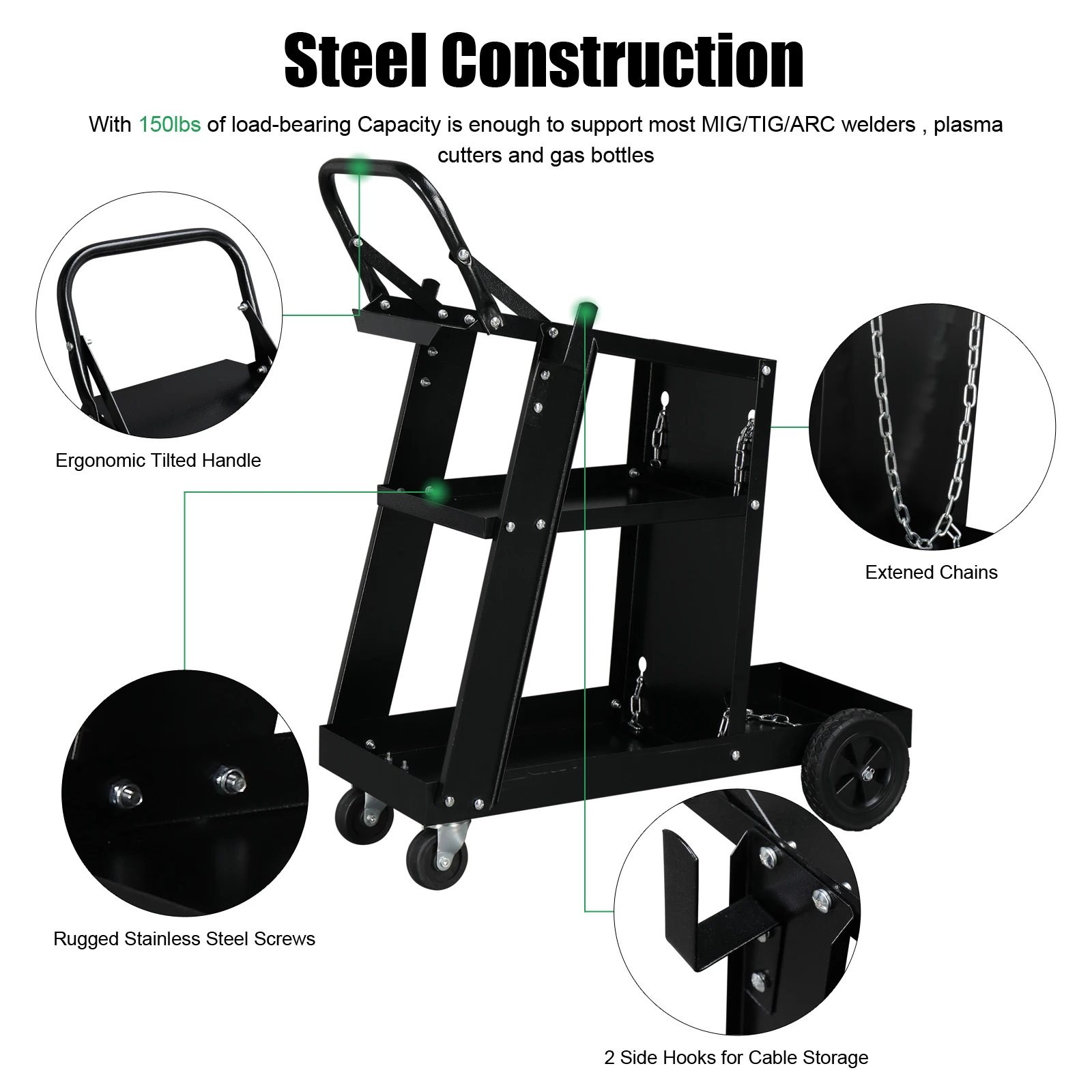 Chariot de Soudage à Roulettes à 3 Niveaux avec Coupeur de Plasma, Chariots de Soudage RapDuty avec Roues et Rangement Précieux pour Coque TIG MIG, Noir