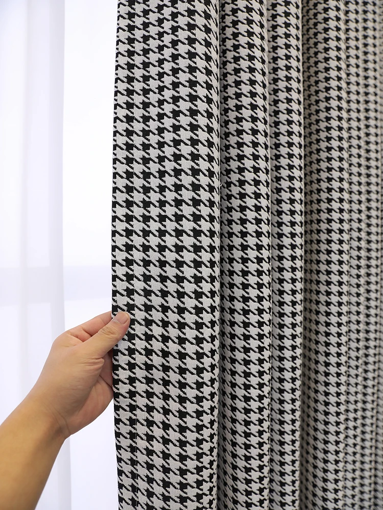 

Qianniao Grid Ins Simple Chenier Black and White Grid Sunshade Cloth Curtains for Living Dining Room Bedroom