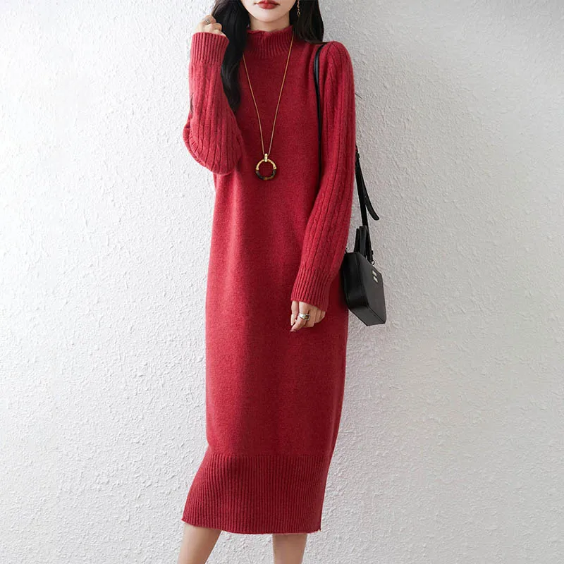 

Женское трикотажное платье из 100% шерсти, однотонное платье миди с утолщенным воротником, зимняя элегантная цветовая палитра