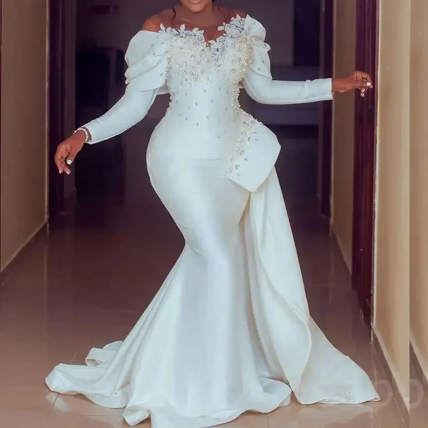 흑인 소녀 시민 인어 웨딩 드레스 라인 석 진주 페르시 화이트 새틴 긴 소매 신부 가운 오프 숄더 맞춤형