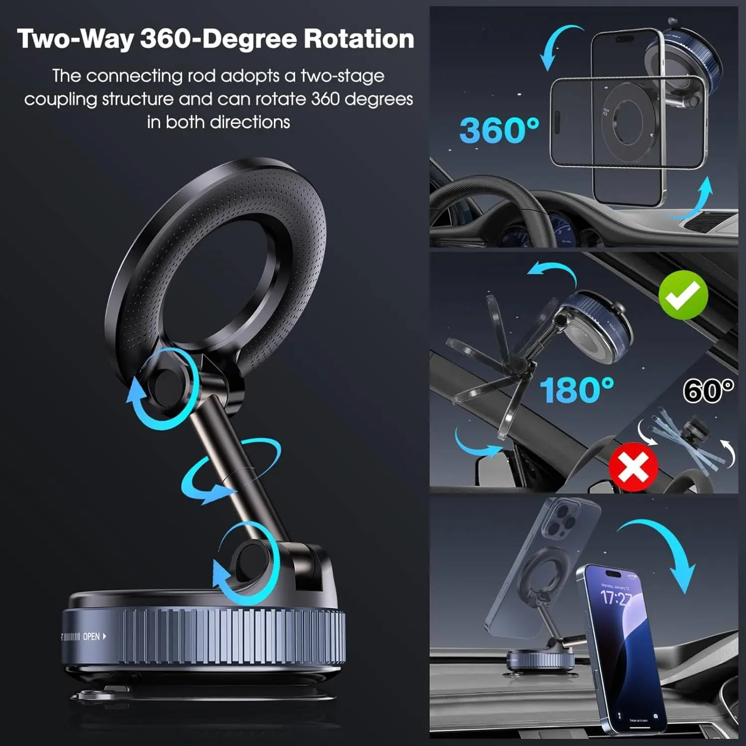 Magnetic Car Mobile Phone Holder Foldable 360° Rotation N52 Strong Suction For iphone 17 Pro Max 16 15 14 Vlog Live Streaming