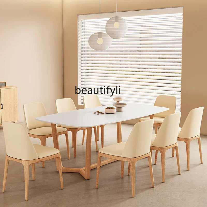

Cream style log color solid wood rock slab dining table and chairs modern simple dining table, small apartment household table