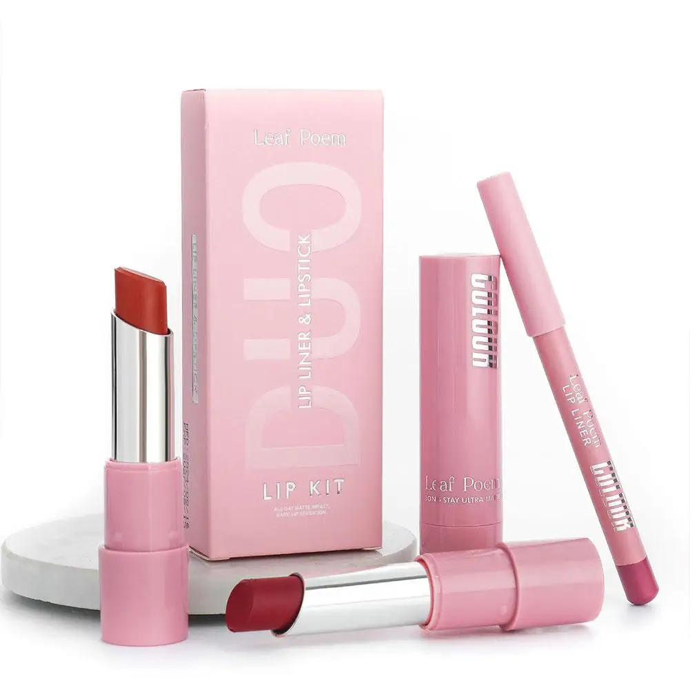 2Pcs 매트 립스틱 & 립 라이너 2in1 세트 오랫동안 지속되는 스틱 컵 립 라이너 메이크업 립 스테인은 쉽게 퇴색하지 않습니다 방수 립 라이너
