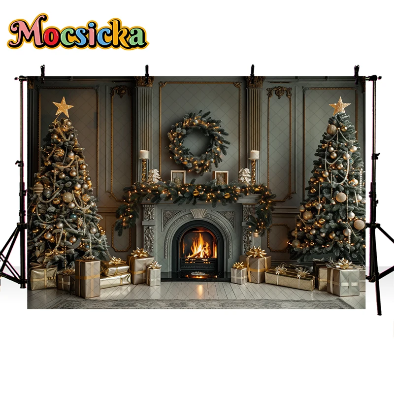 Mocsicka Christmas Living Room Backdrop Kids Photography Adult Child Cake Smash Photocall Fireplace Studio Xmas Trees Background