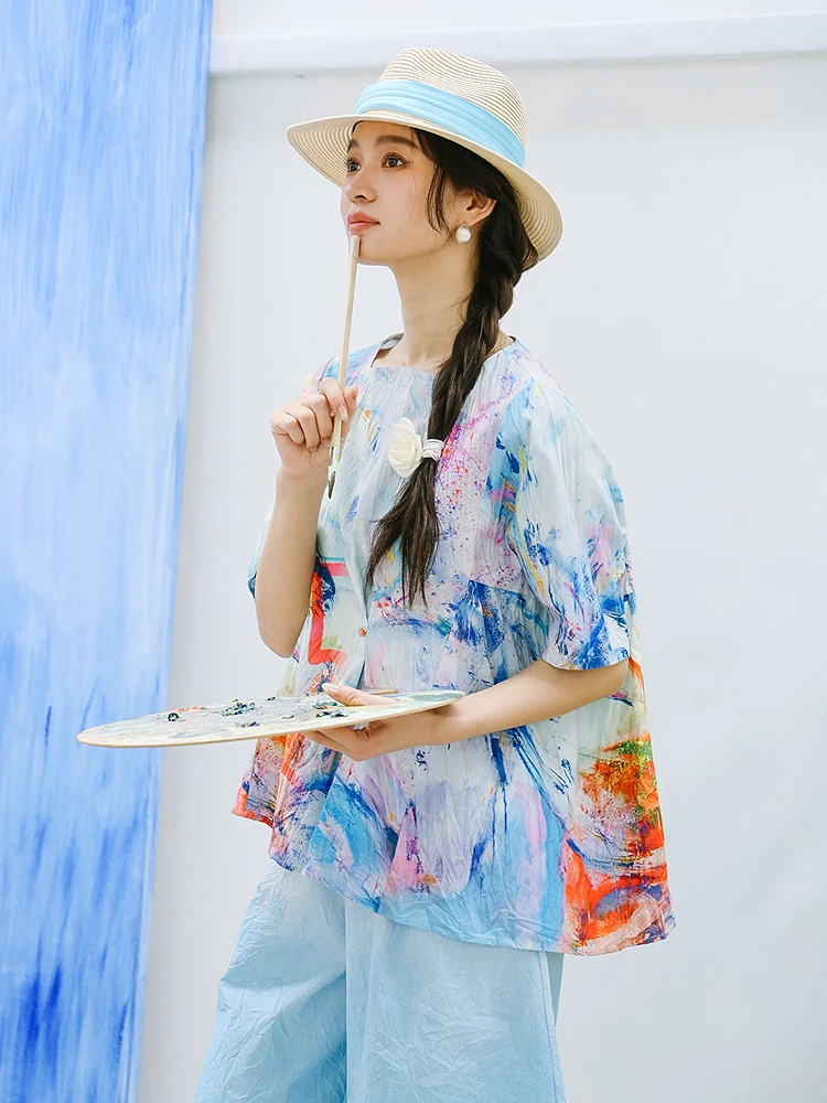 

Женская рубашка Zijun Collaborative Series с принтом, повседневная, свободного кроя, из смесового хлопка и льна, с эффектом стирки, из дышащего крепа, с коротким рукавом