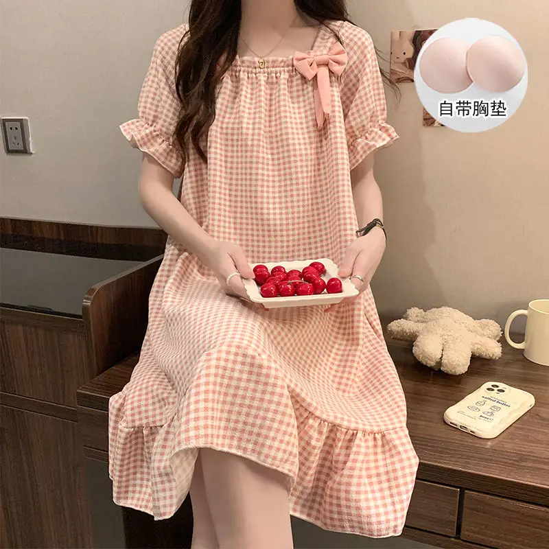 

Summer Women's Medium and Long Summer Pajamas with Chest Pads, Pink Plaid Large Size Short-sleeved Lace Summer Sweet Pajamas