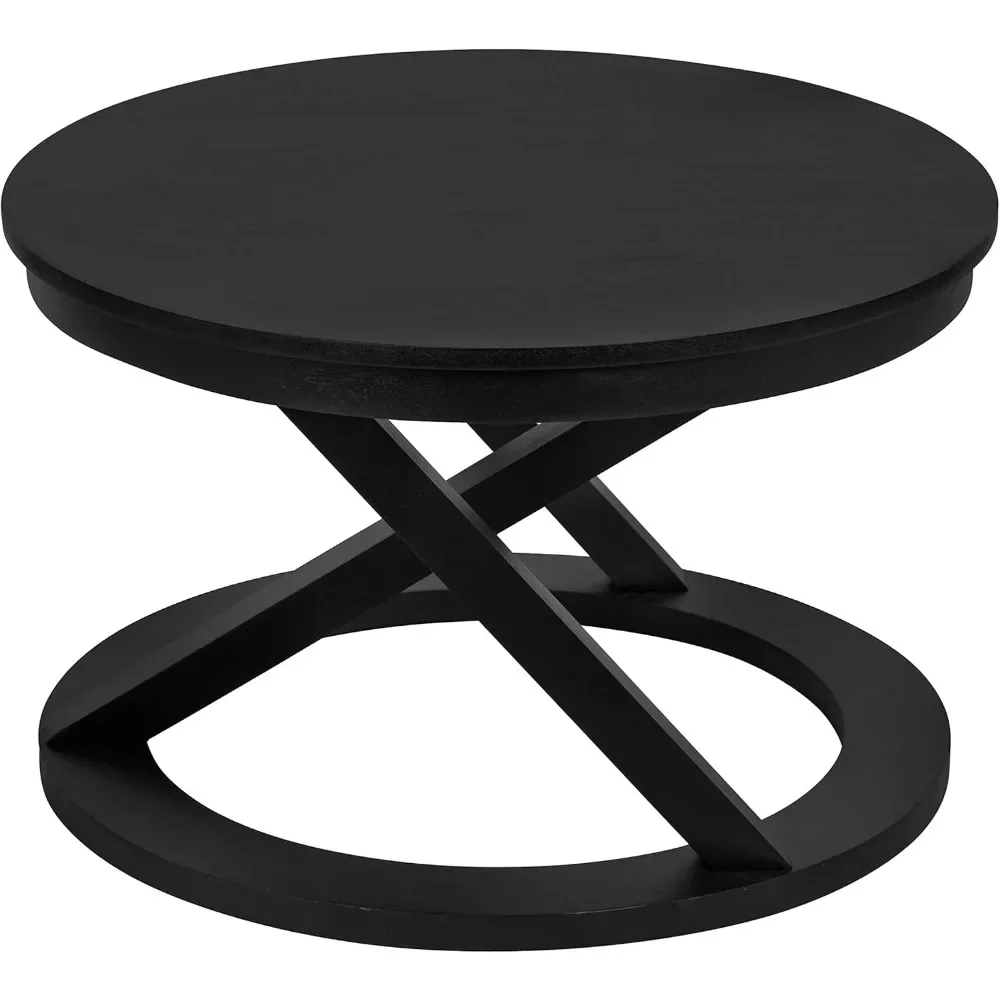 Modern Round Wood Coffee Table, 26 Inch Diameter, Black, Decorative Contemporary Transitional Coffee Table for Hosting