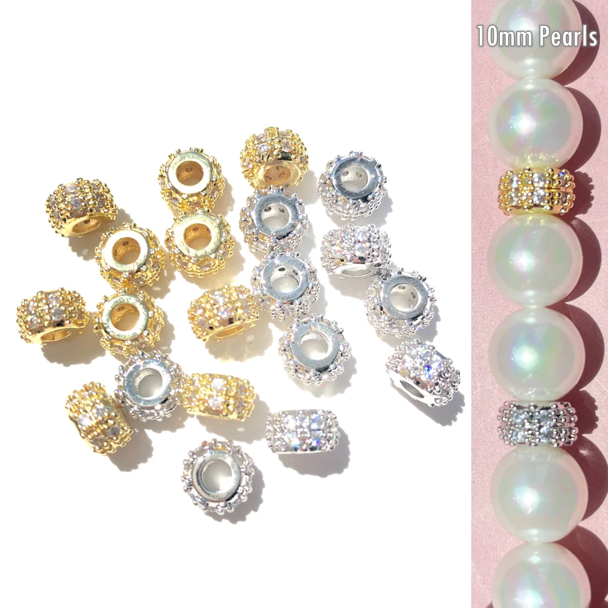 20pcs 8mm Micro Pave Rondelle Wheel Spacers Gold-plated Beads for Bracelet Necklaces Earring Necklace DIY Waist Jewelry Finding