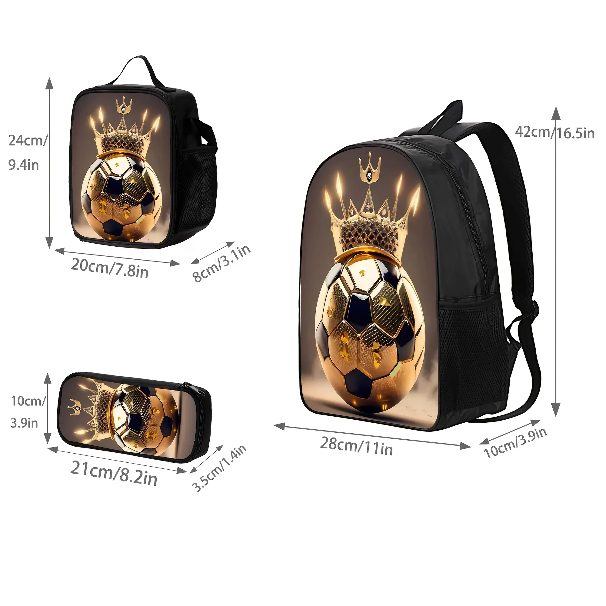 Custom Bag Crown Soccer-Themed Pattern 3pcs Backpack Set For Children And Students, Casual Book Bag, Boys' Bag, Back-To-School S