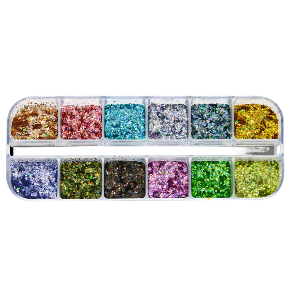 12 Grids Holographic Glitter Nail Art Sequins Sparkly Irregular Nail Flakes Powder Nail Art Mermaid Makeup Manicure Decorations