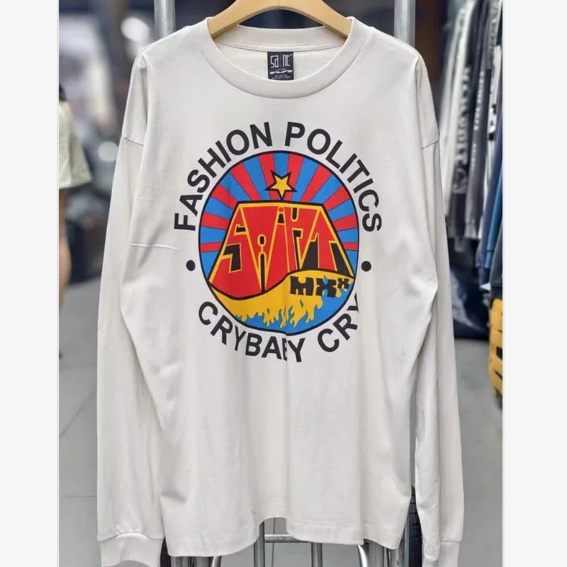 High Street Cement White Loose Fit Saint Long Sleeve T-Shirt Printed Pattern Men Women Top Best Premium Quality Cotton T Shirt