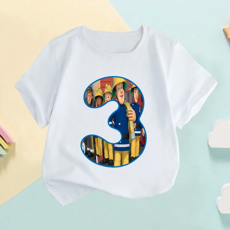 Fireman Sam Firefighter Print Number Bow Kids T shirt Girls Clothes 1 2 3 4 5 6 7 8 9 Years Birthday Baby Boys T-Shirts,HKP2458