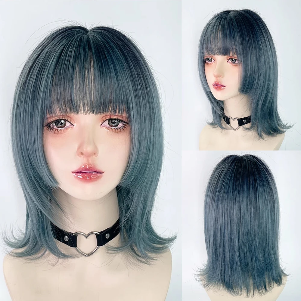 Blue Short Synthetic Straight Wigs with Bangs Lolita Cosplay Natural Fluffy Women Hair Wig for Daily Party