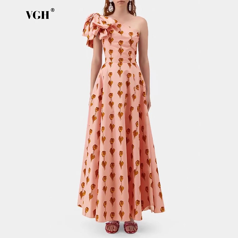 VGH Sexy Temperament Long Dresses For Women Diagonal Collar Off One Shoulder Printed High Waist Slim Spliced Zipper Dress Female