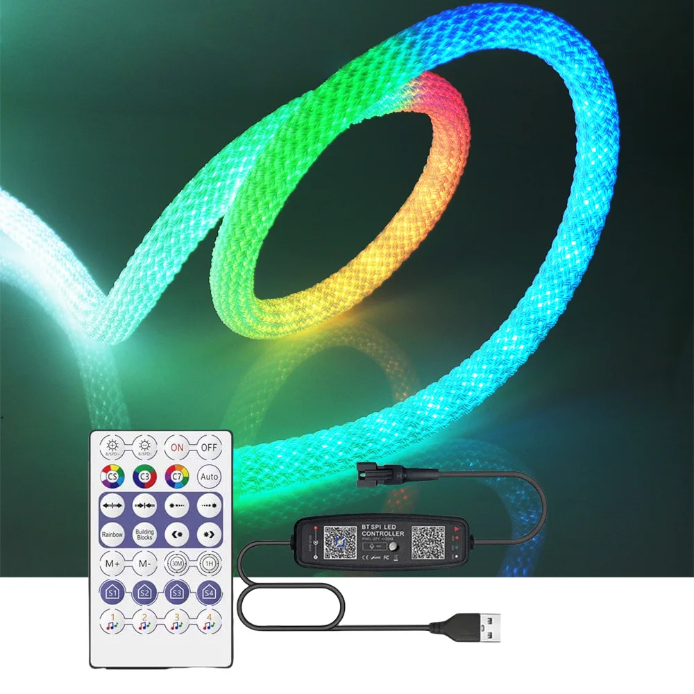 5V WS2812B RGB LED Neon Strip Nylon Rope Light Bluetooth-compatible 28key Remote Control USB Kit 360 Round Tube Flexible Decor