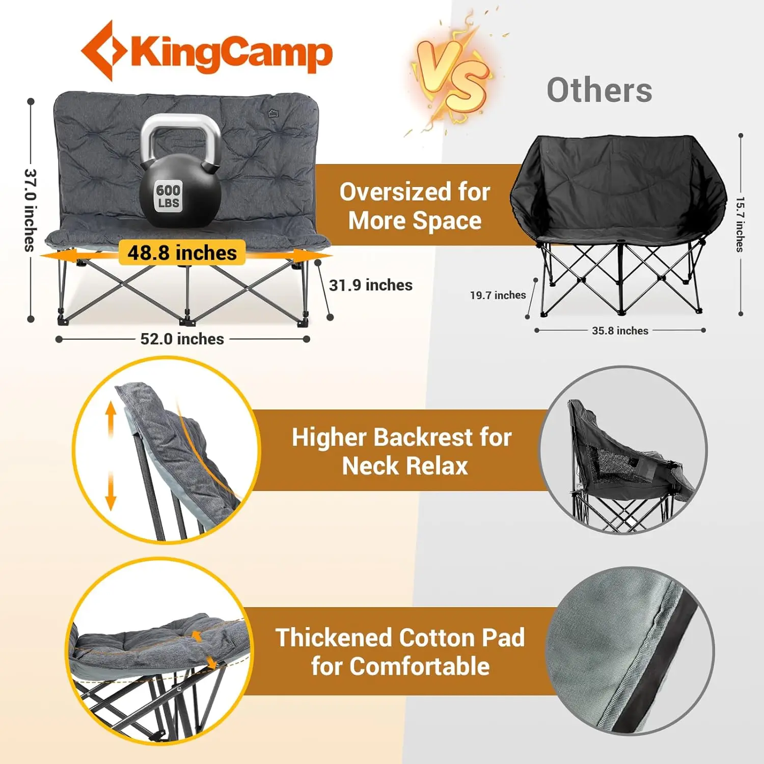 Folding Camping Chair, Oversized Loveseat Camping Chair for Outdoor with Carry Bag, Portable Foldable Lawn Chairs with Padded Se