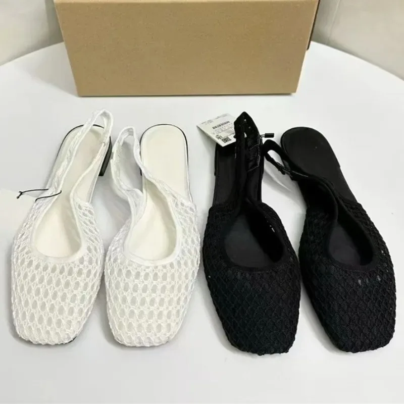 Sommerliche, atmungsaktive, gewebte Mesh-Flachsandalen für Damen, lässige Slingback-Sandalen mit eckiger Zehenpartie, Strand-Hohlschuhe für Damen