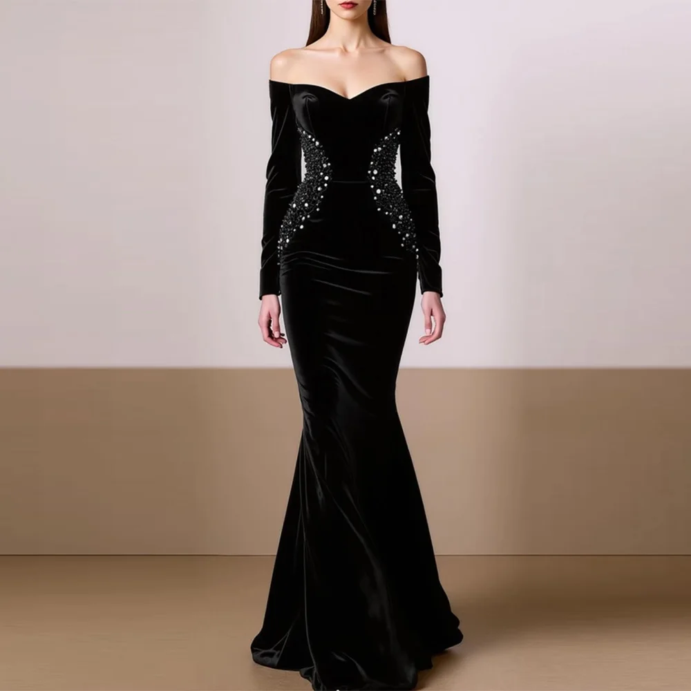 

Black Velvet Off the Shoulder Evening Dress Customized Formal Mermaid Party Gowns Temperament Floor Length Celebrity Gowns