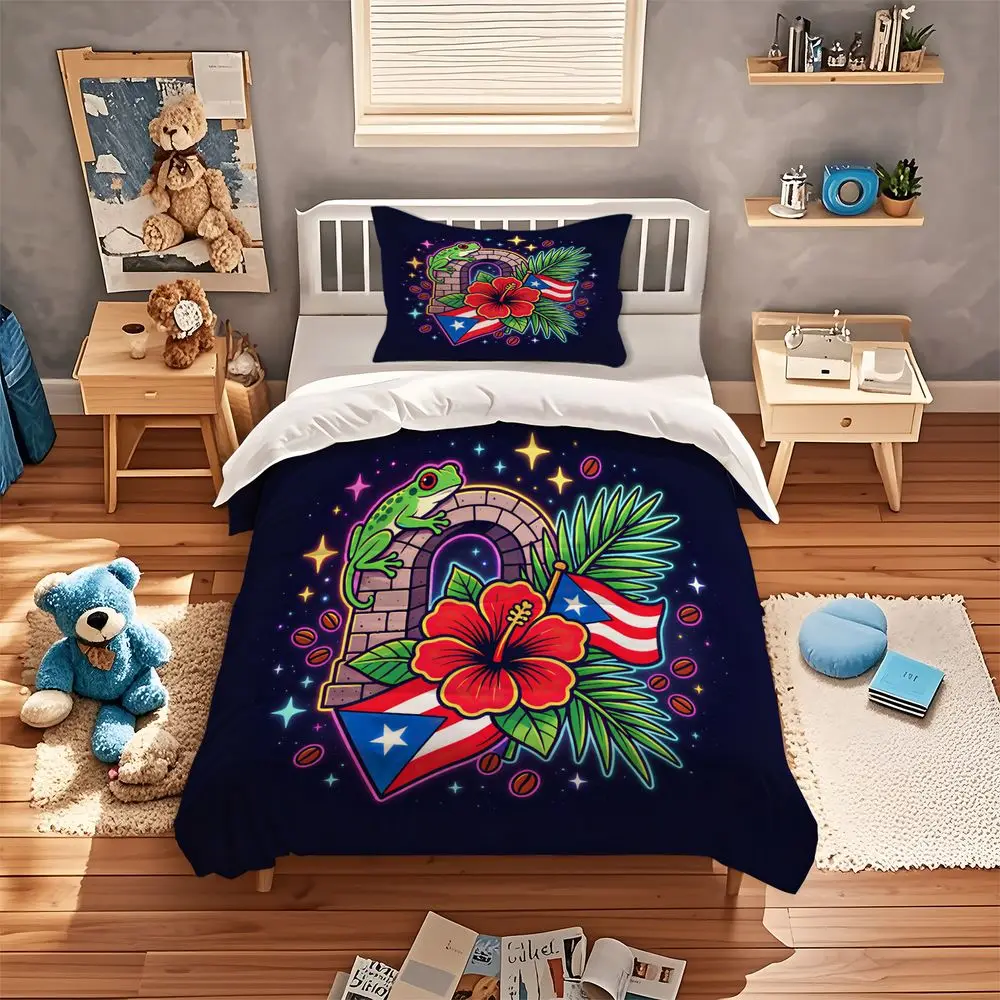 Puerto Rico Frog Digital Print Duvet Cover Set Comforter Cover Bedding Set No Filler Patriotic Cultural Bedroom Decor