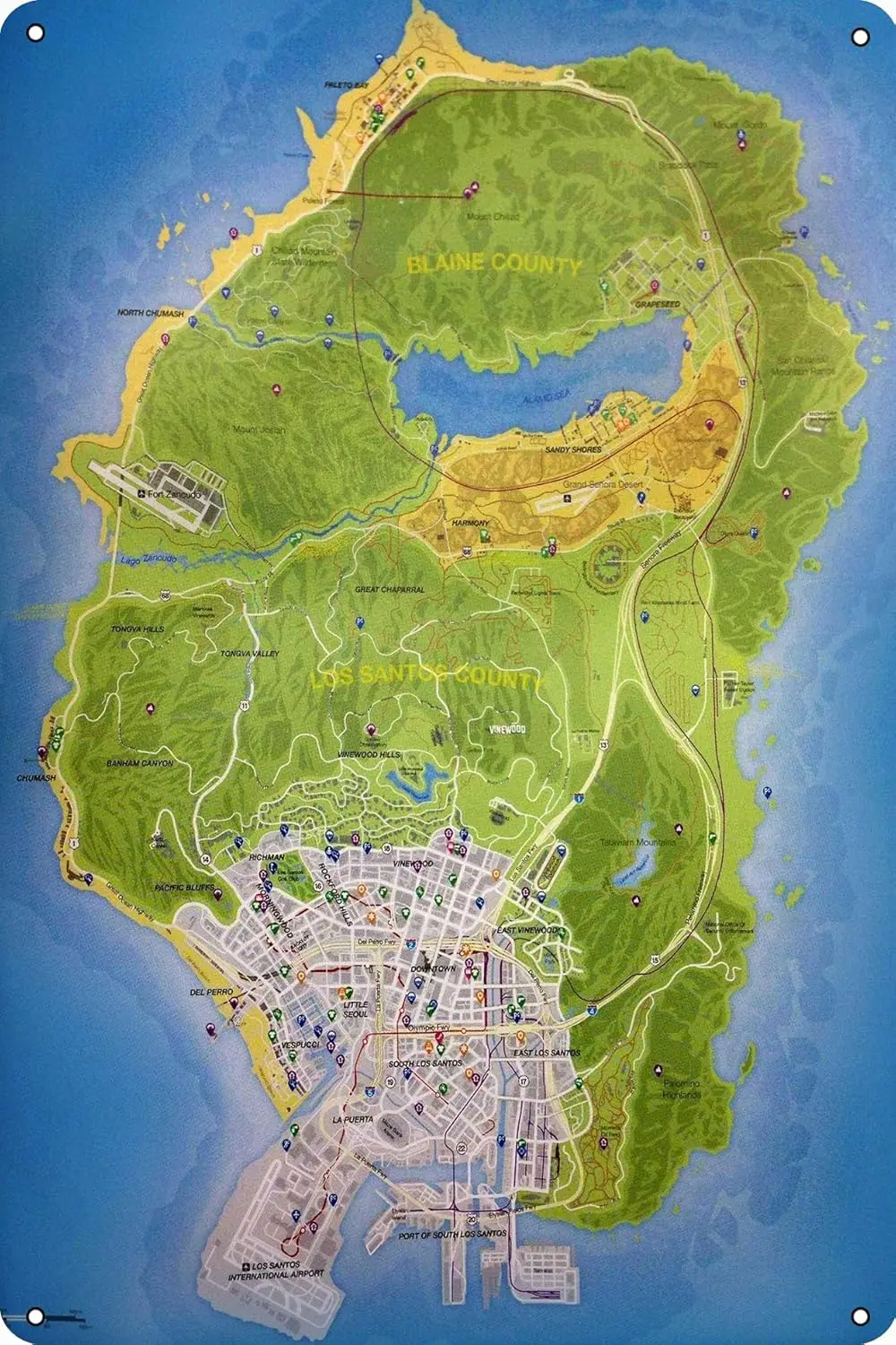P1, gran robo Auto 5 Mapa del condado de Los Santos placa Retro cartel de estaño de Metal cartel Vintage para el hogar Bar café decoración de pared regalos