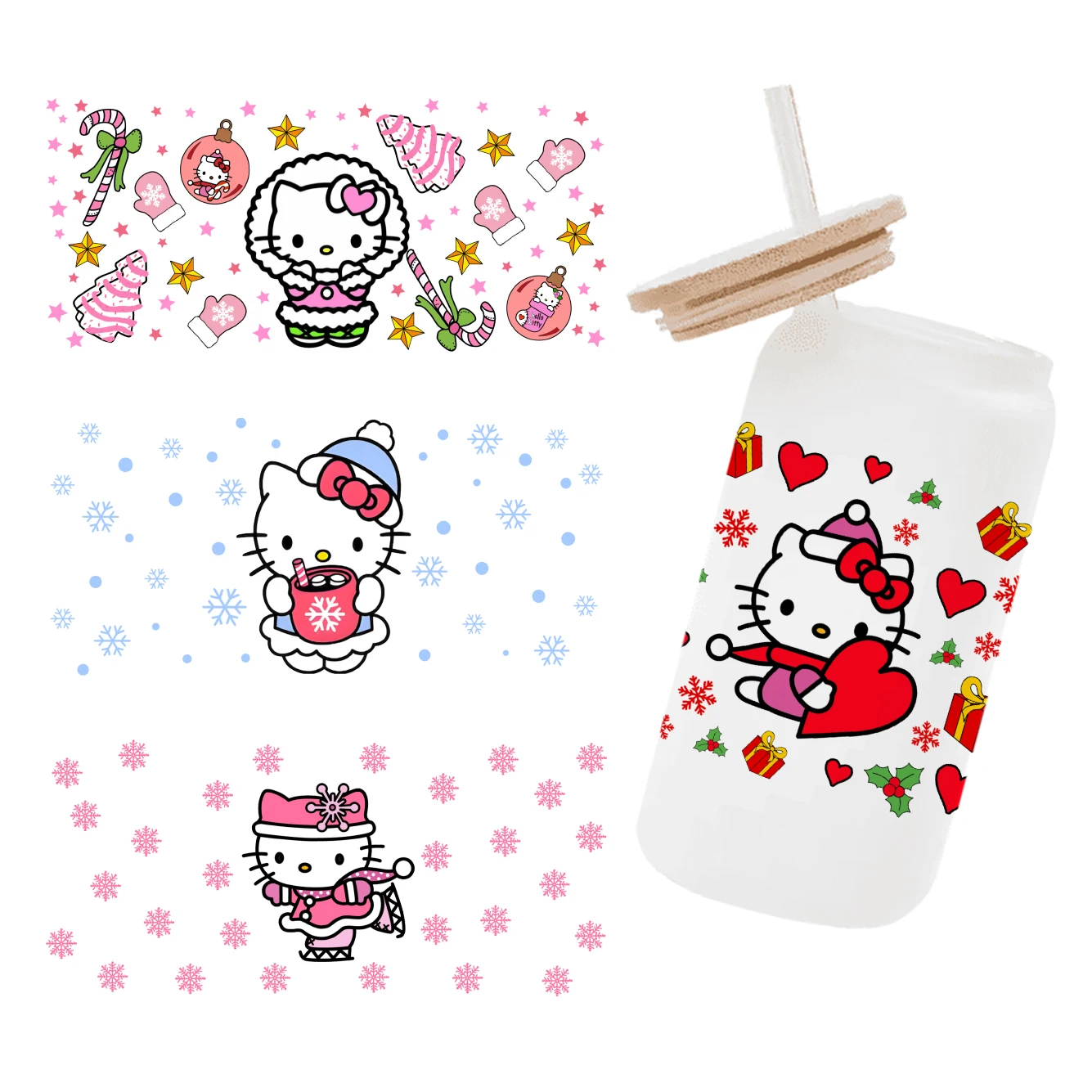 11x24cm Hello Kitty Weihnachtsthema UV DTF Cup Wrap Wasserdicht Urlaub Design Tumbler Glasbecher DIY Aufkleber Aufkleber
