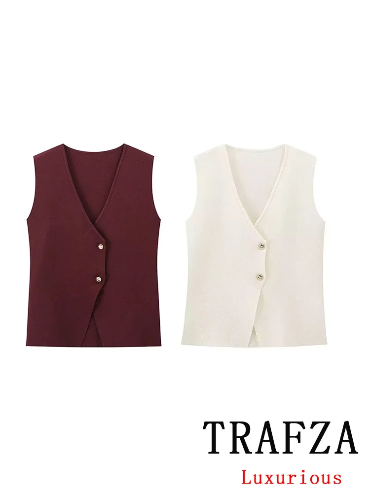 TRAFZA Vintage Casual Chic Women Tops Solid V-Neck Single Breasted Sleeveless Vest New Fashion 2024 Autumn Holiday Female Tops