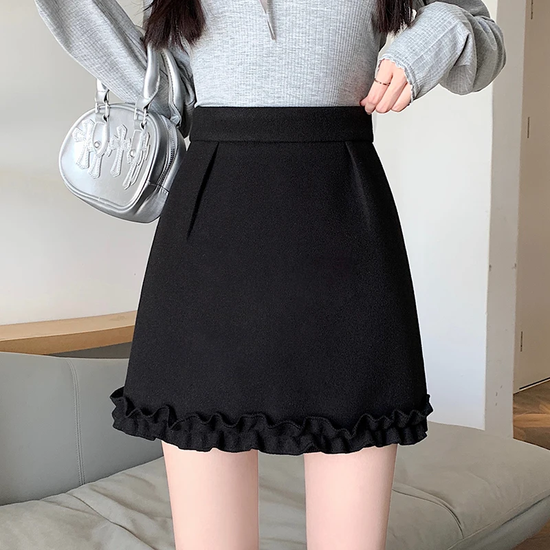 Neue Koreanische Stil Nette Spitzen Mini Rock Frauen Mode Herbst Winter Hohe Taille Woolen Röcke Damen Casual Wolle Kurze Röcke