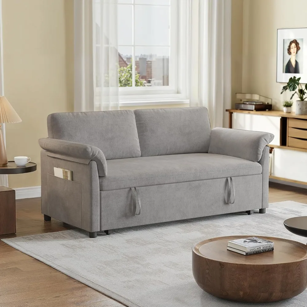 Convertible Sleeper Sofa Bed 59 Inch, 3 in 1 Chenille Couch with Adjustable Backrest and Side Pockets, Compact Size for Small Sp