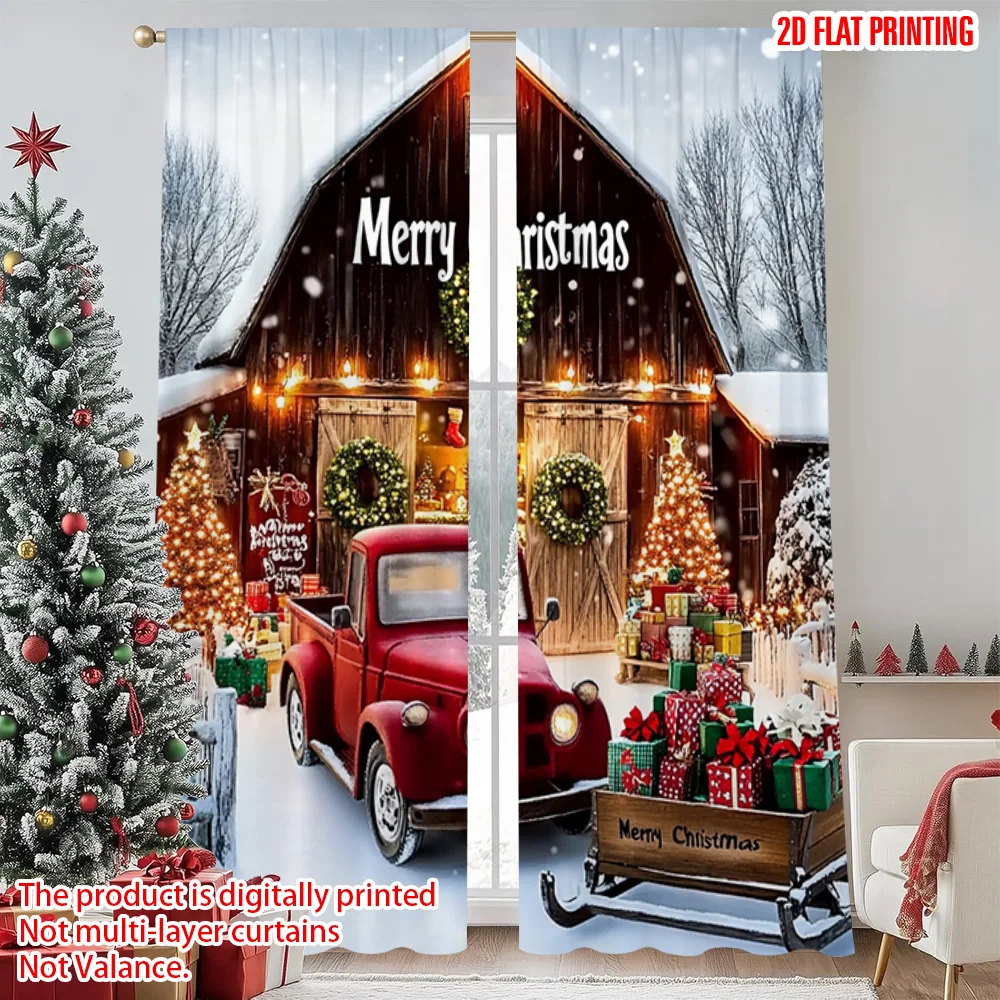 

2pcs 2D flat printing Christmas Window Curtains Vintage truck with snow scene Versatile Durable Polyester Without Electricity