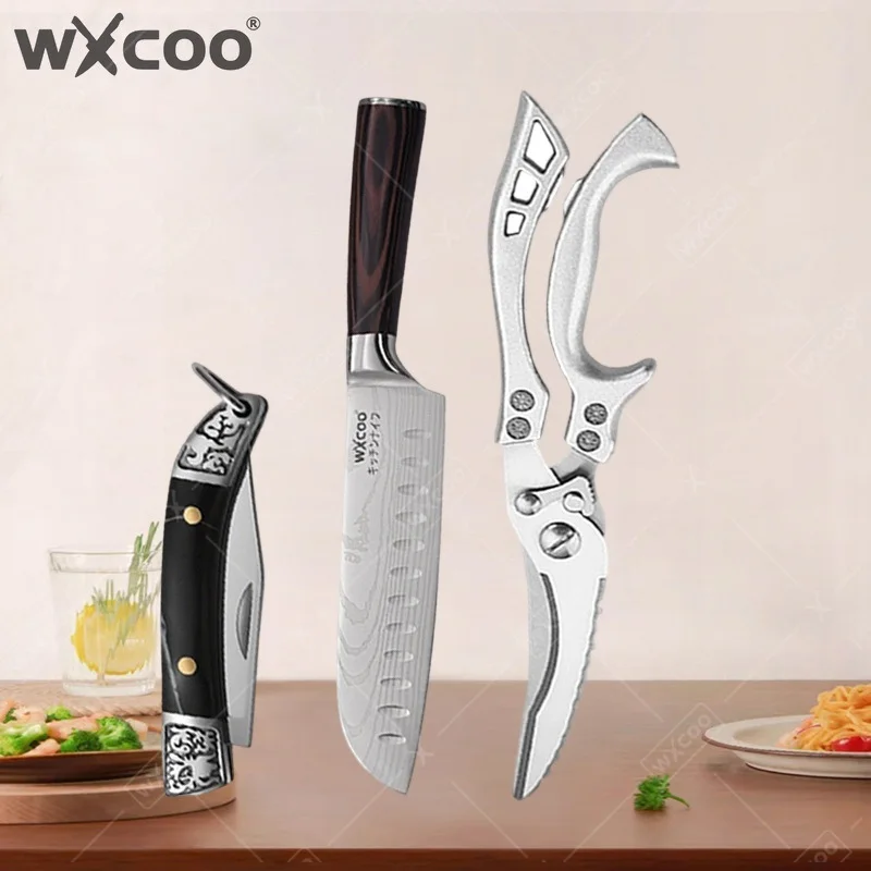 WXCOO 5CR15 Edelstahl-Messerset Japanische Santoku-Messer Rasiermesserscharfe Fischmesser Schere Professionelles Küchenmesser-Set