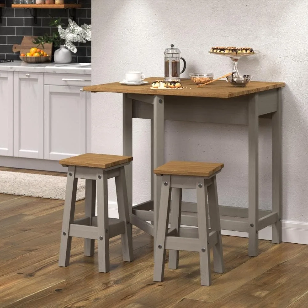 Furniture Dash Wood Breakfast Set of Drop Leaf Table with 2 Stools, Solid Wood, Compact and Small Kitchen Table, Dining Table, M