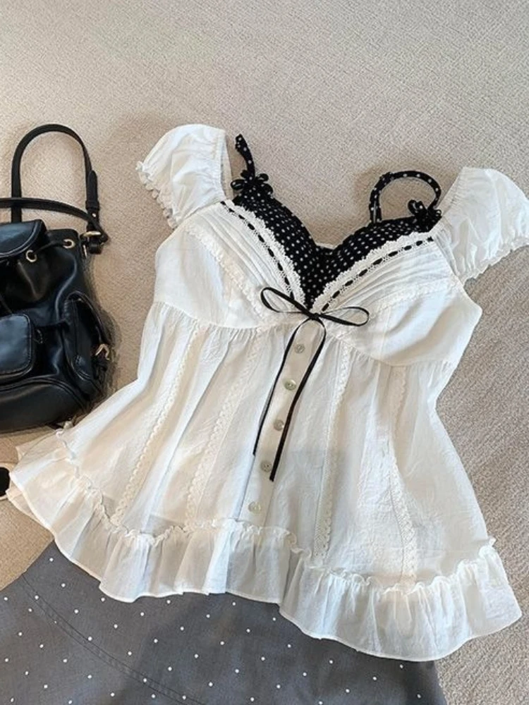 Sweet Fashion Chic Polka Dot Y2k Tops Women Summer Vintage Slim Tees Korean Style Kawaii Bow High Street Vintage Clothes 2026