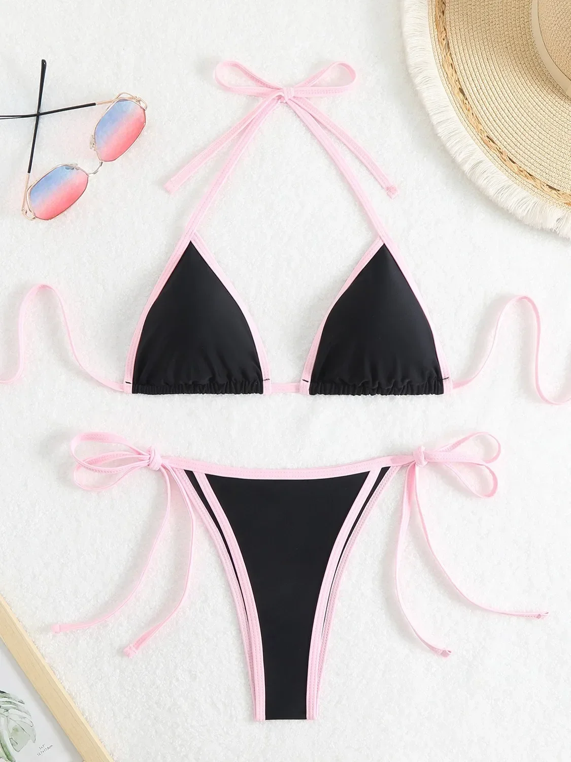 セクシーなビキニ女性ピンクブルーコントラストプッシュアップマイクロ水着ブラジルビーチ包帯水着ネクタイサイド Tバック水着 2025