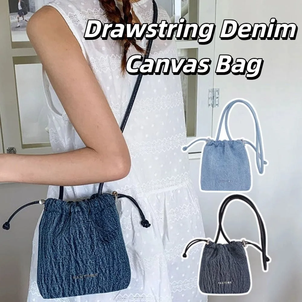 

Y2K Drawstring Denim Canvas Bag Street Style Shopping Bag Vintage Handbag Large Capacity Solid Color Solid Crossbody Bag