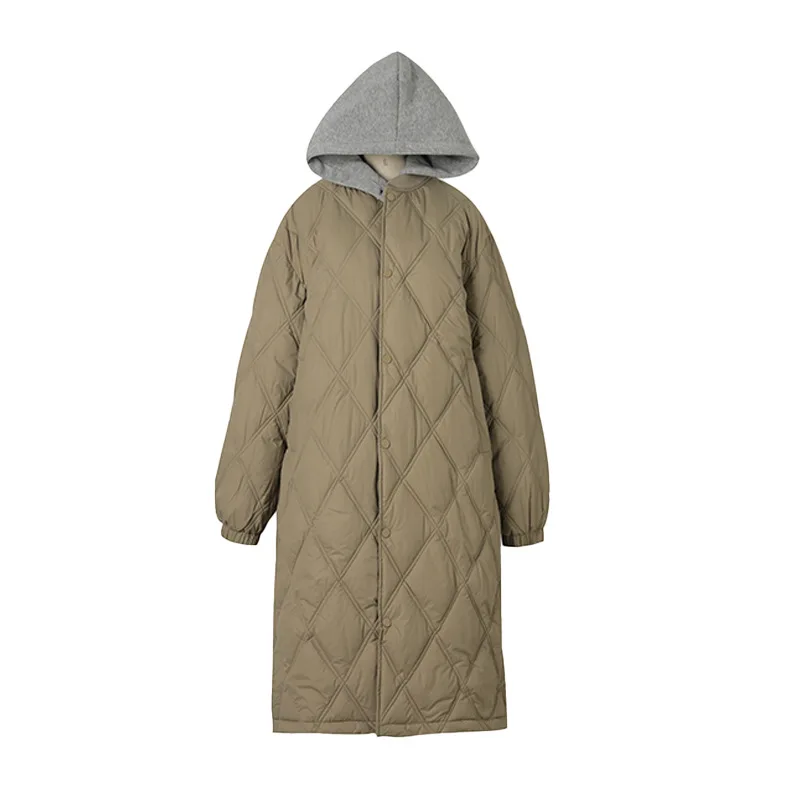 

Autumn Winter Women Rhombus Cotton Padded Jacket New Solid Removable Hat Mid Long Cotton Clothing Female Loose Coat Outerwear